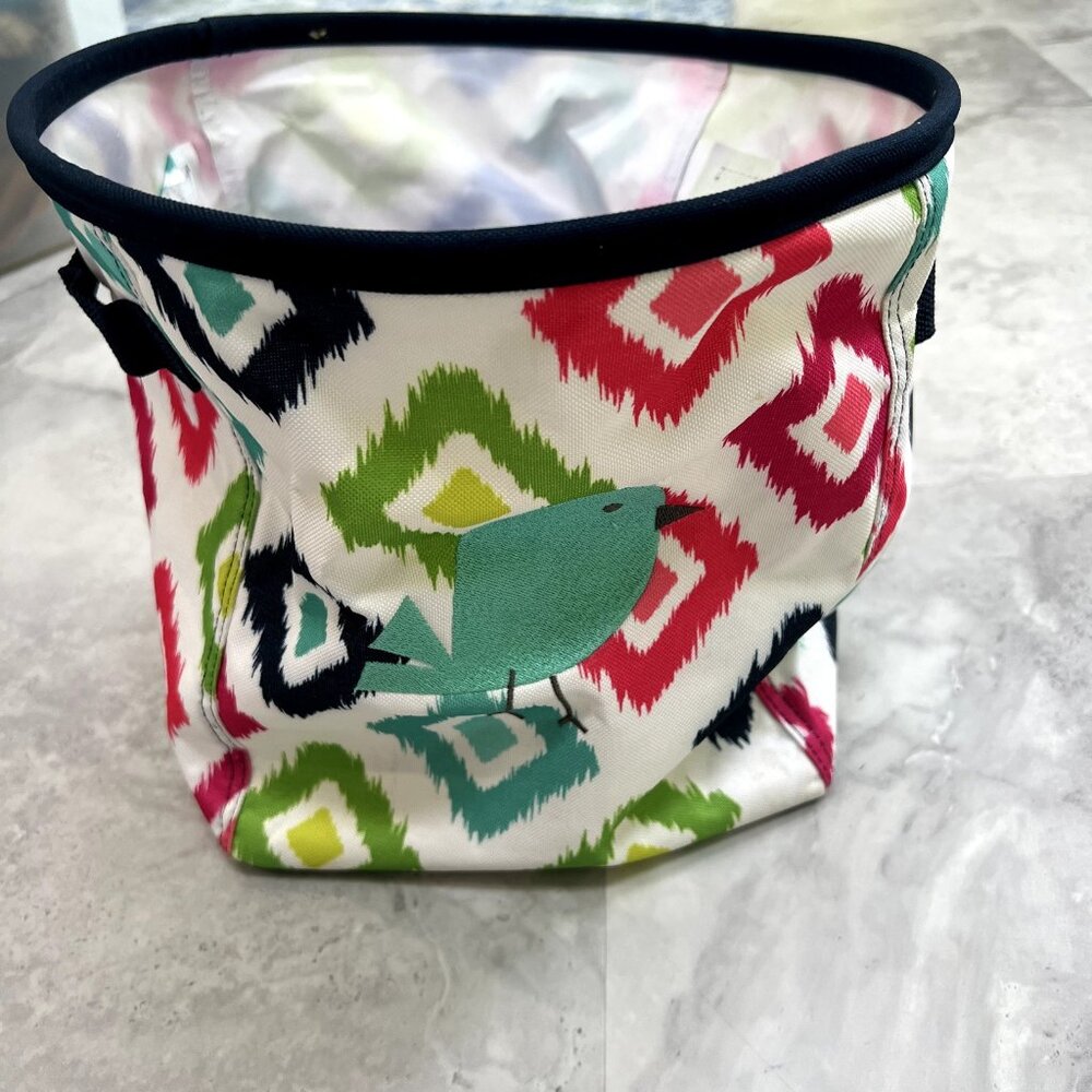 Thirty One Mini Storage Bin CANDY CORNERS Print with Teal Bird Icon Accent